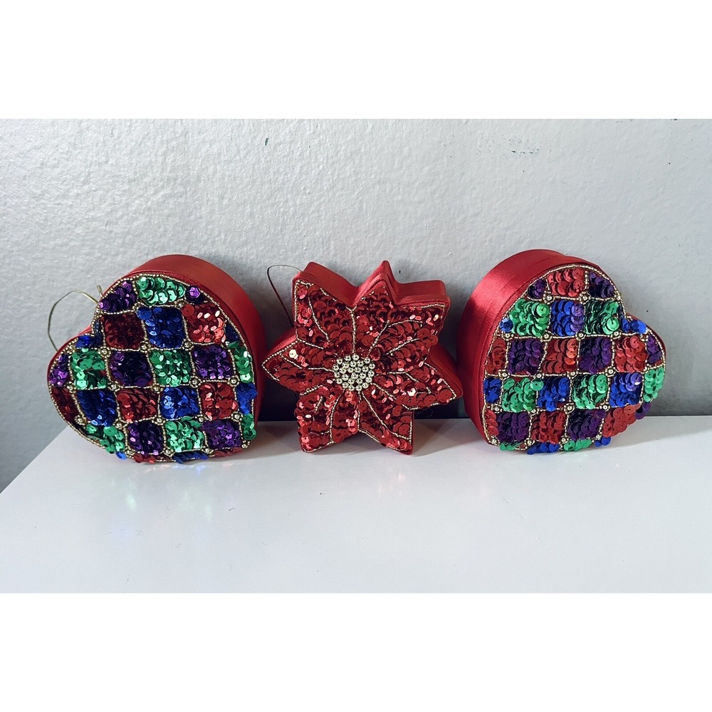 3 Vintage Beaded Sequined Felt Christmas Jewelry/Ornaments With Loop For Hanging
